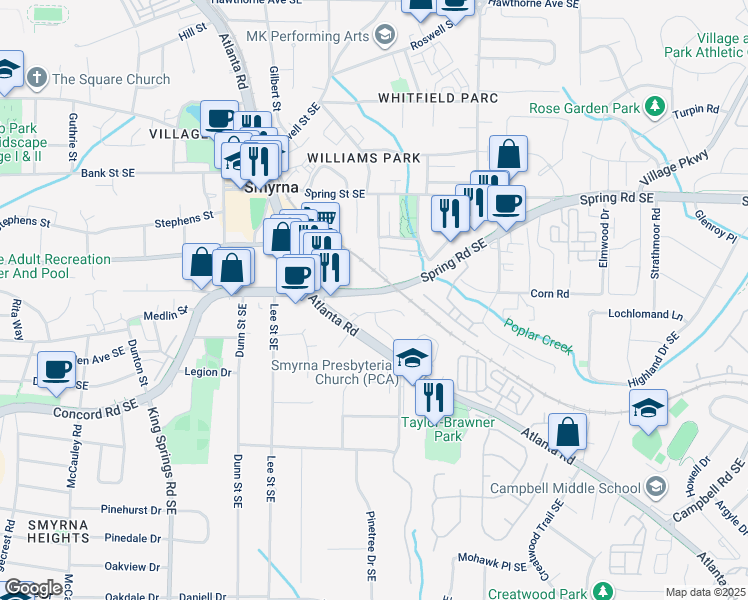 map of restaurants, bars, coffee shops, grocery stores, and more near in Smyrna