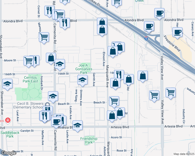 map of restaurants, bars, coffee shops, grocery stores, and more near 13711 Joaquin Lane in Cerritos