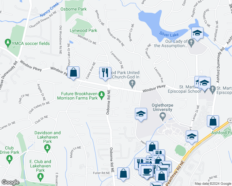 map of restaurants, bars, coffee shops, grocery stores, and more near 1174 Brookhaven Glen Northeast in Atlanta