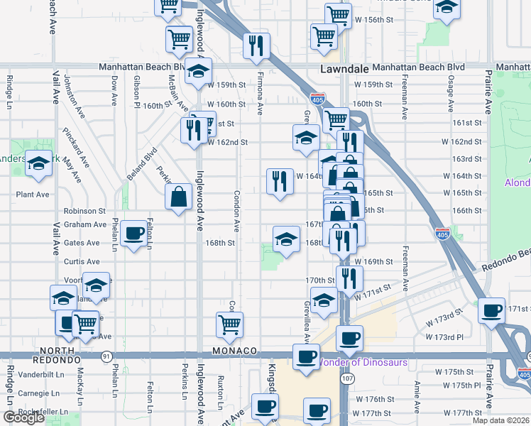 map of restaurants, bars, coffee shops, grocery stores, and more near 4576 166th Street in Lawndale