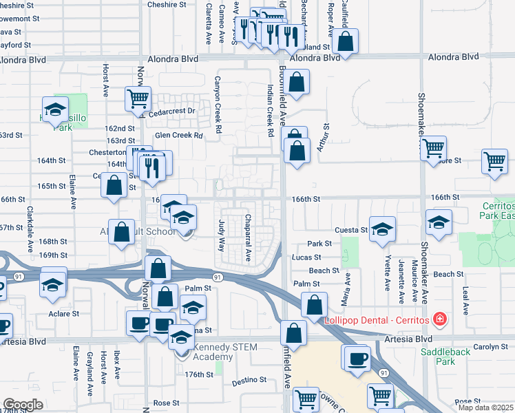 map of restaurants, bars, coffee shops, grocery stores, and more near 16611 Shenandoah Avenue in Cerritos