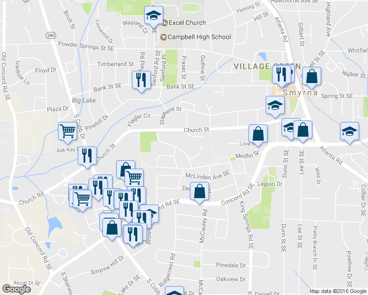 map of restaurants, bars, coffee shops, grocery stores, and more near 3085 Clifton Road in Smyrna