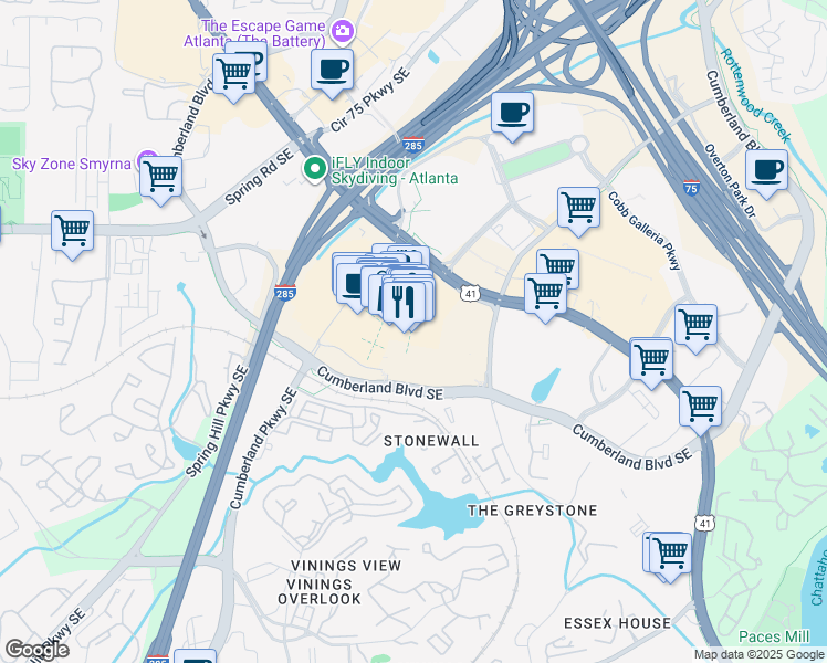 map of restaurants, bars, coffee shops, grocery stores, and more near Cumberland Mall in Atlanta