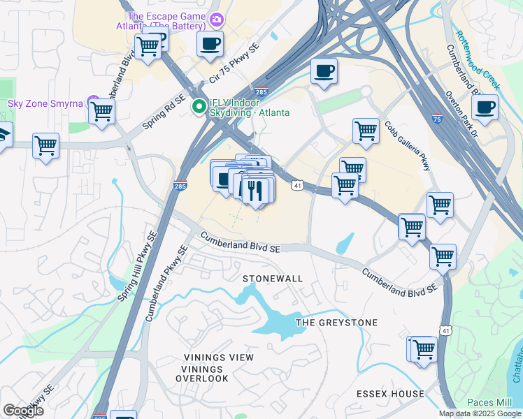 map of restaurants, bars, coffee shops, grocery stores, and more near 2860 Cumberland Mall in Atlanta