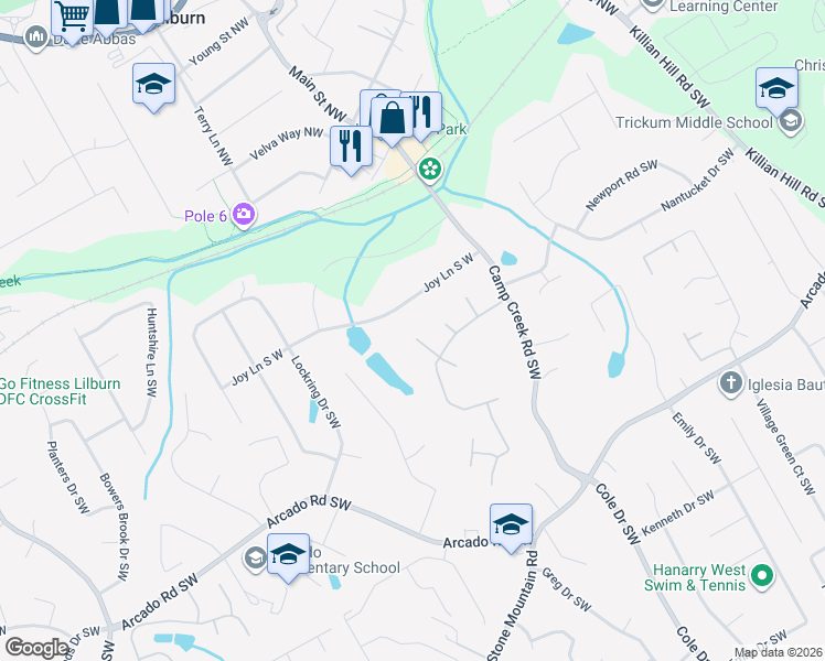 map of restaurants, bars, coffee shops, grocery stores, and more near 96 Woodfall Way in Lilburn
