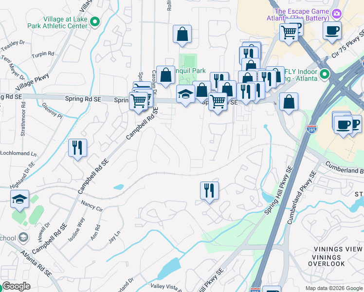 map of restaurants, bars, coffee shops, grocery stores, and more near 1211 Bickham Way Southeast in Smyrna