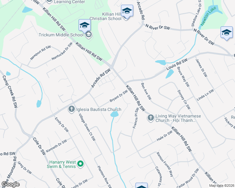 map of restaurants, bars, coffee shops, grocery stores, and more near 4421 Bryant Drive Southwest in Lilburn
