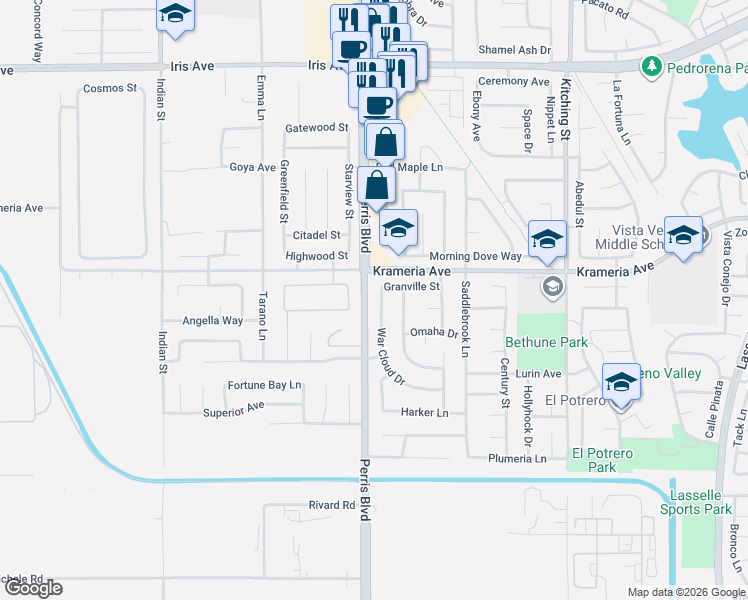map of restaurants, bars, coffee shops, grocery stores, and more near in Moreno Valley