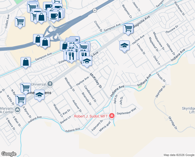 map of restaurants, bars, coffee shops, grocery stores, and more near 13099 Reindeer Court in Riverside