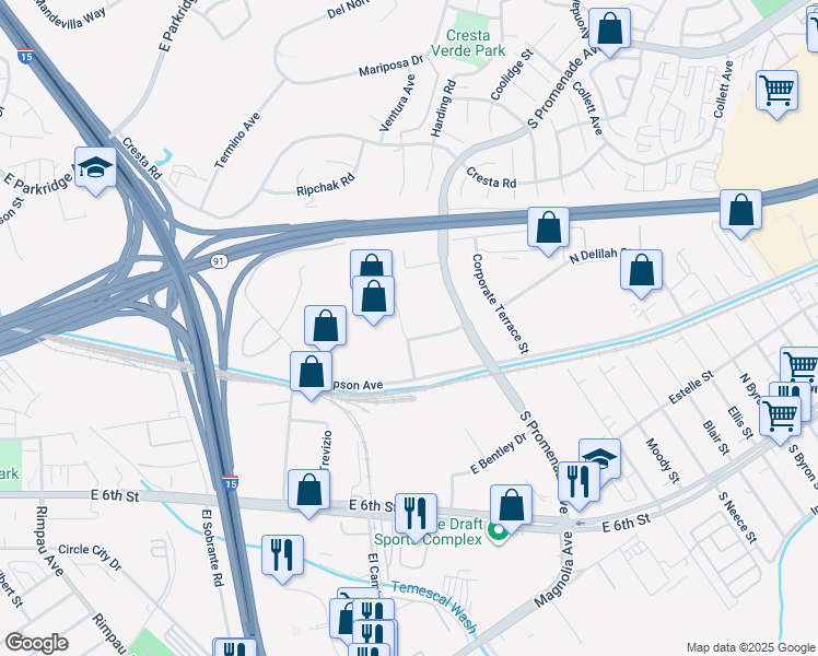 map of restaurants, bars, coffee shops, grocery stores, and more near 100 South Promenade Avenue in Corona