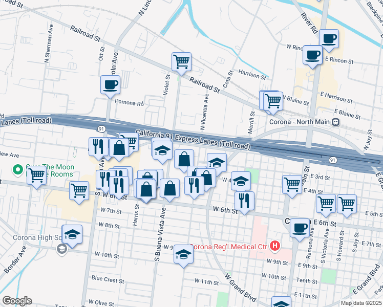 map of restaurants, bars, coffee shops, grocery stores, and more near 141 South Buena Vista Avenue in Corona
