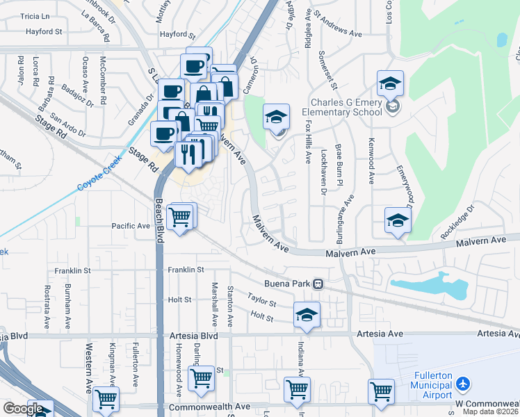 map of restaurants, bars, coffee shops, grocery stores, and more near 8182 Crowley Circle in Buena Park