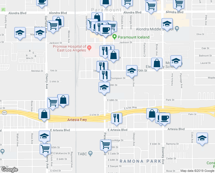 map of restaurants, bars, coffee shops, grocery stores, and more near 6938 Paramount Boulevard in Long Beach