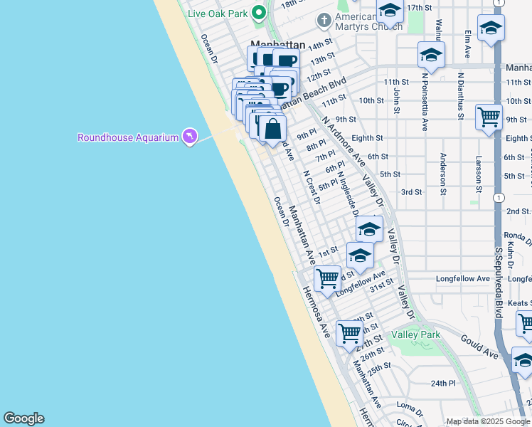 map of restaurants, bars, coffee shops, grocery stores, and more near in Manhattan Beach
