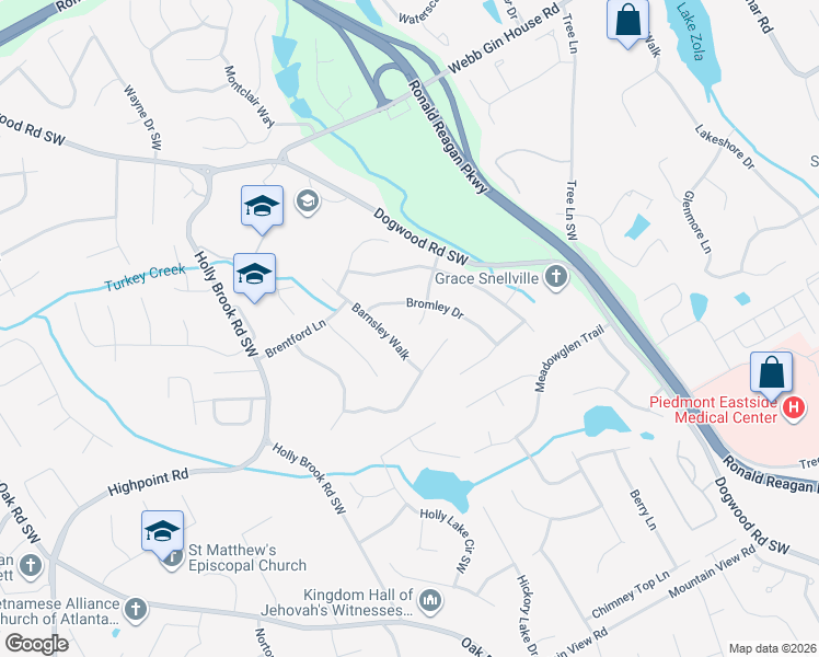 map of restaurants, bars, coffee shops, grocery stores, and more near 2595 Blyth Lane in Snellville