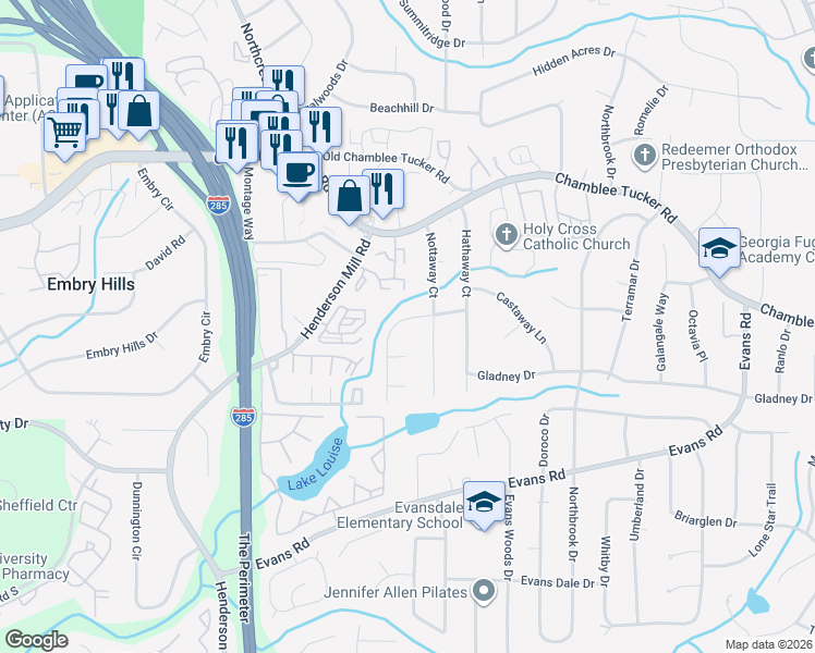 map of restaurants, bars, coffee shops, grocery stores, and more near 3124 Nottaway Court in Chamblee