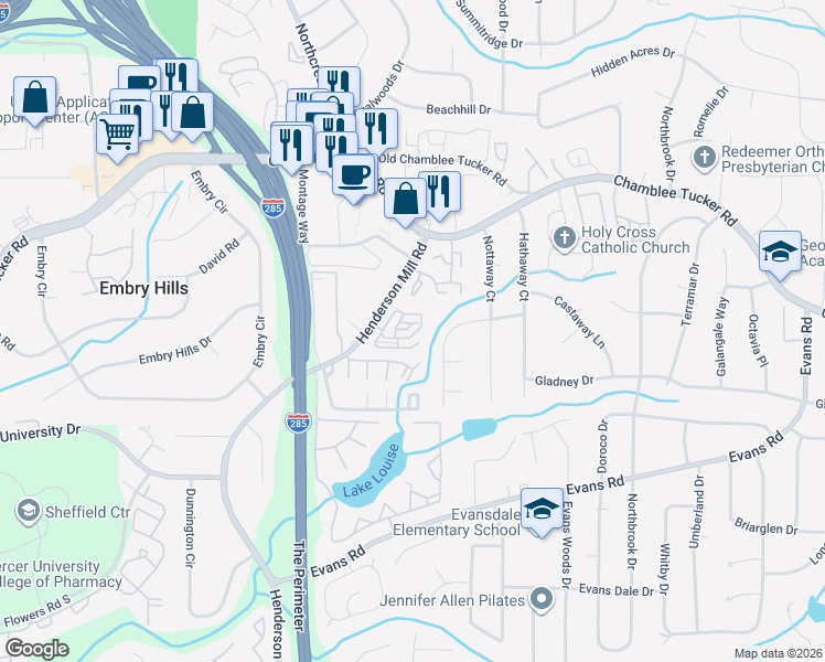 map of restaurants, bars, coffee shops, grocery stores, and more near 3478 Henderson Reserve in Atlanta