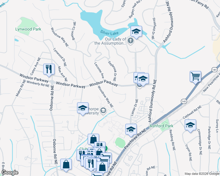 map of restaurants, bars, coffee shops, grocery stores, and more near 3119 Oglethorpe Way Northeast in Atlanta