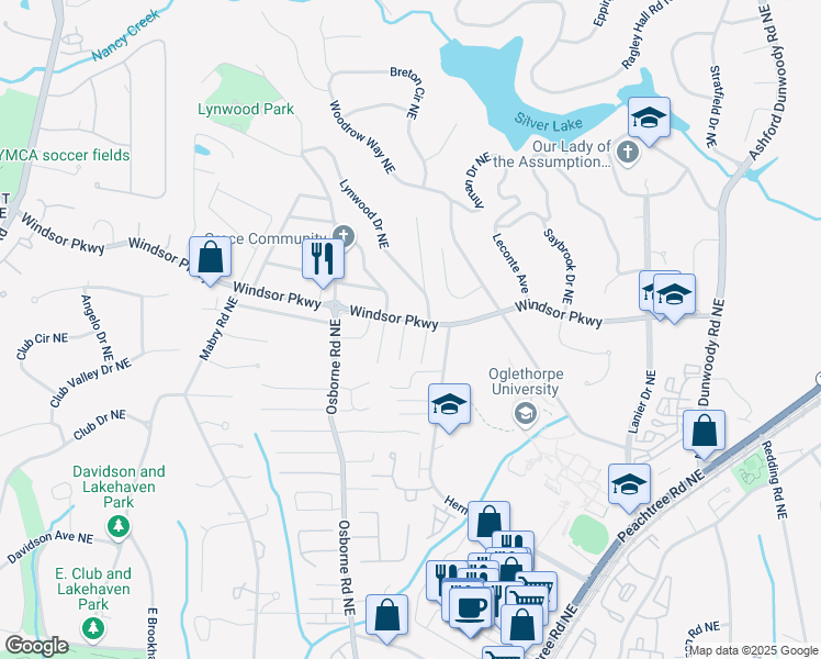 map of restaurants, bars, coffee shops, grocery stores, and more near 1413 Windsor Parkway in Atlanta