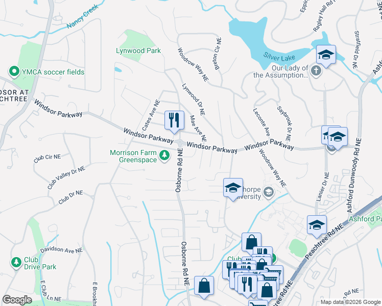 map of restaurants, bars, coffee shops, grocery stores, and more near 1174 Brookhaven Glen Northeast in Atlanta
