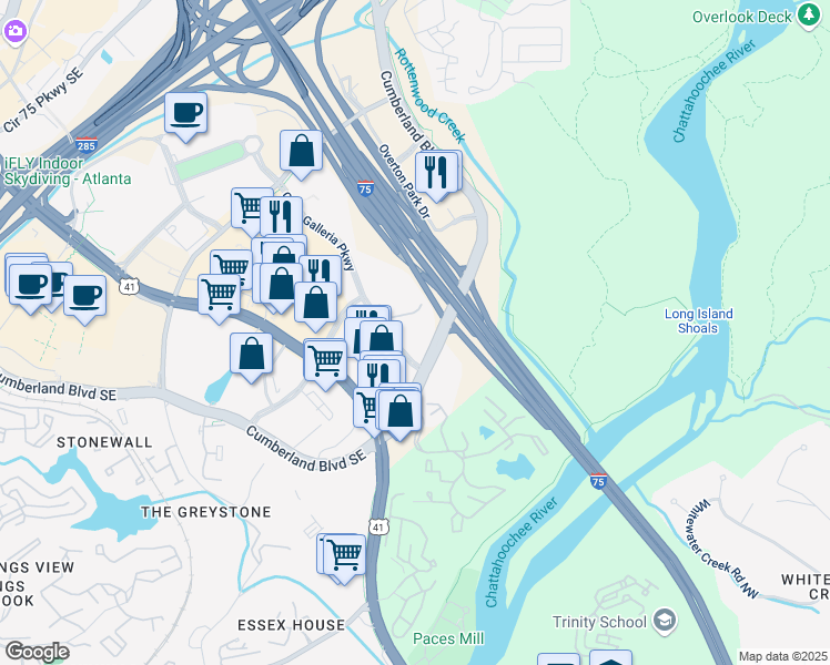 map of restaurants, bars, coffee shops, grocery stores, and more near 3290 Cobb Galleria Parkway in Atlanta