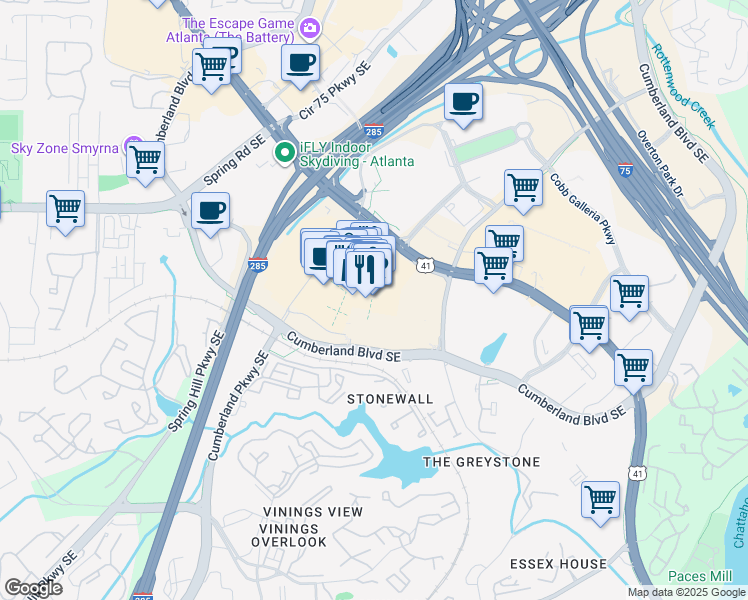 map of restaurants, bars, coffee shops, grocery stores, and more near 1325 Cumberland Mall in Atlanta