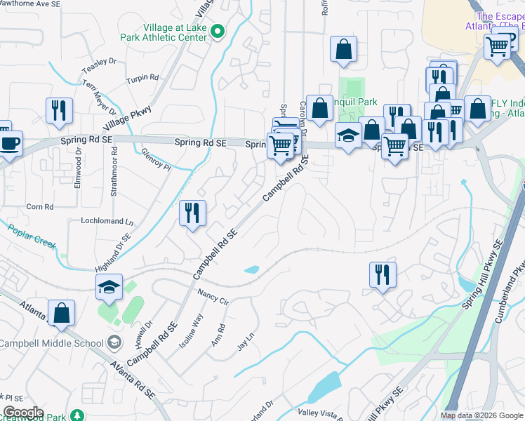 map of restaurants, bars, coffee shops, grocery stores, and more near 1506 Wedmore Court Southeast in Smyrna