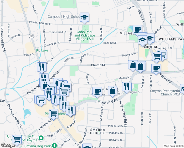map of restaurants, bars, coffee shops, grocery stores, and more near 3085 Clifton Road in Smyrna