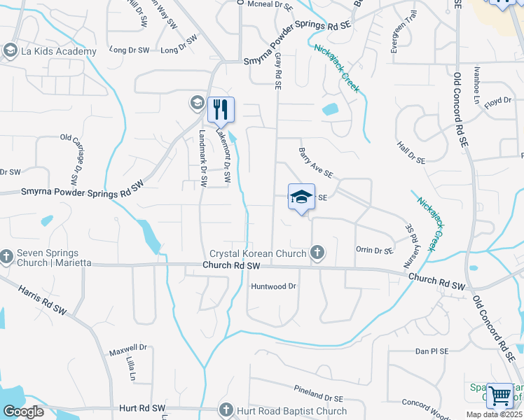 map of restaurants, bars, coffee shops, grocery stores, and more near 74 Winward Way Southeast in Smyrna