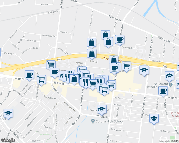 map of restaurants, bars, coffee shops, grocery stores, and more near 1247 E Street in Corona