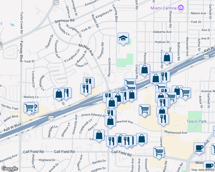 map of restaurants, bars, coffee shops, grocery stores, and more near 3100 McNiel Avenue in Wichita Falls