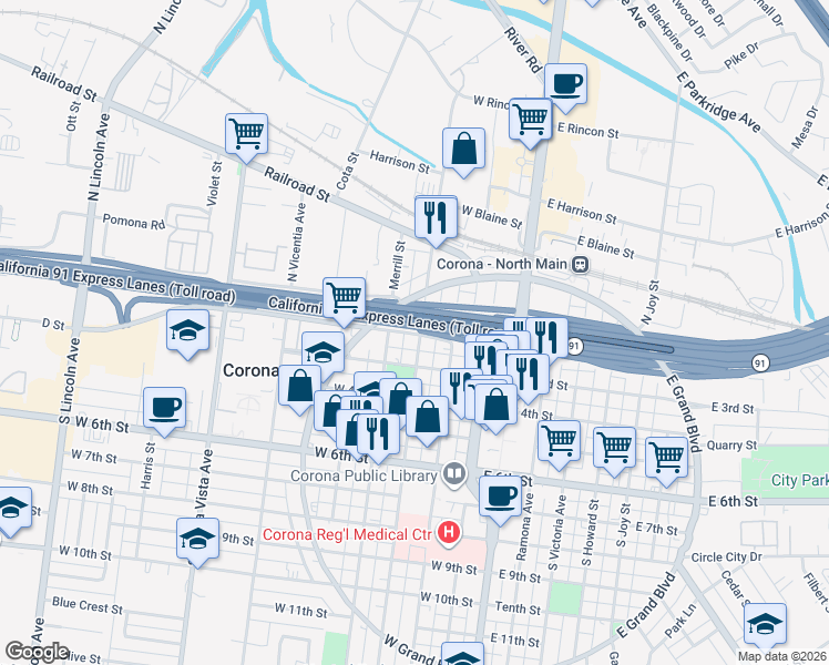 map of restaurants, bars, coffee shops, grocery stores, and more near 204 West 2nd Street in Corona