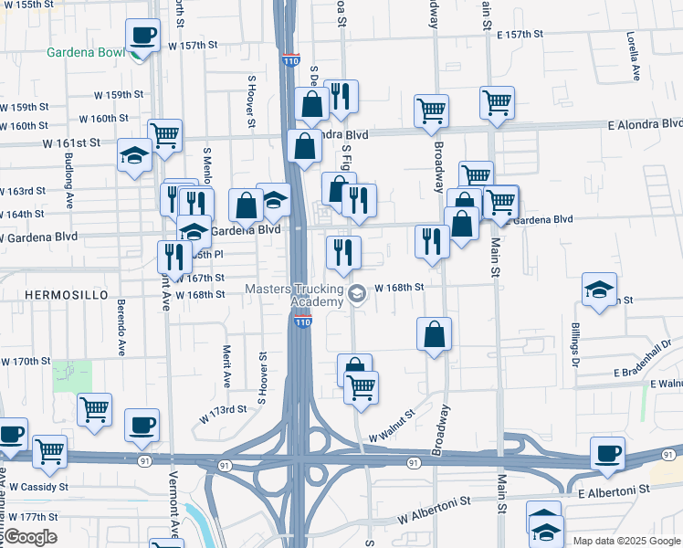 map of restaurants, bars, coffee shops, grocery stores, and more near 16536 South Figueroa Street in Gardena