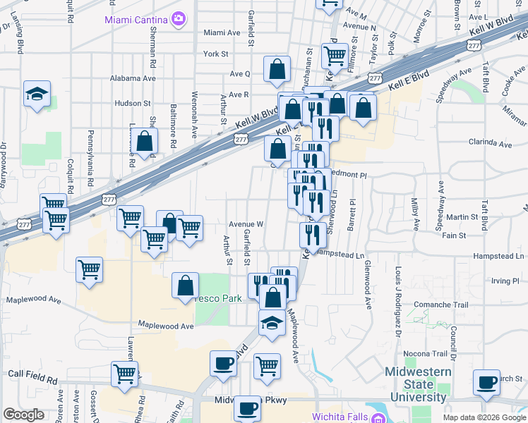 map of restaurants, bars, coffee shops, grocery stores, and more near 3200 Grant Street in Wichita Falls