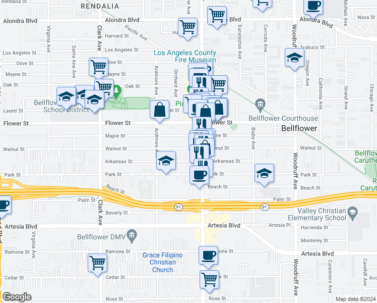 map of restaurants, bars, coffee shops, grocery stores, and more near 9726 Walnut Street in Bellflower