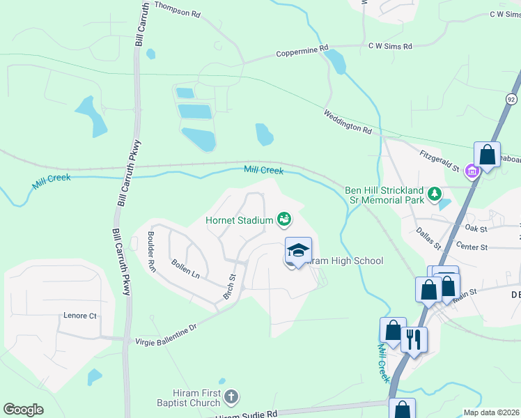 map of restaurants, bars, coffee shops, grocery stores, and more near 229 Baywood Way in Hiram