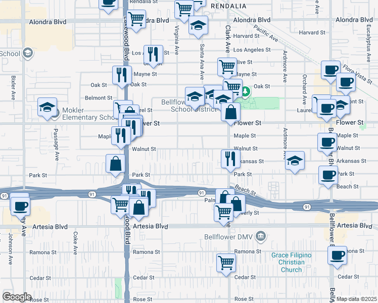 map of restaurants, bars, coffee shops, grocery stores, and more near 9224 Walnut Street in Bellflower