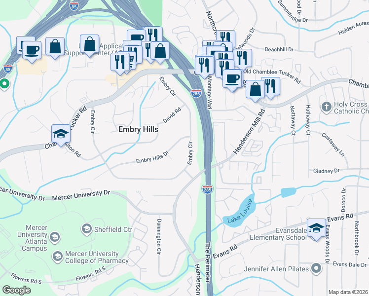 map of restaurants, bars, coffee shops, grocery stores, and more near 3337 Embry Hills Drive in Chamblee