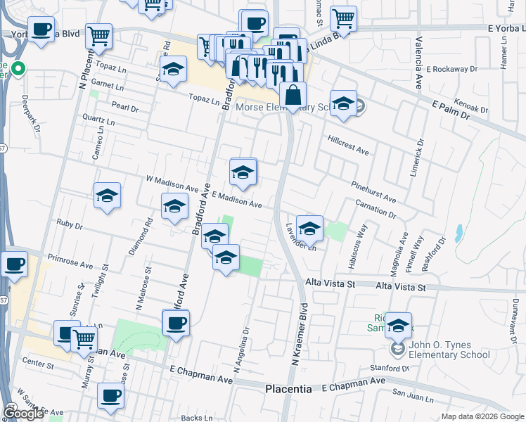 map of restaurants, bars, coffee shops, grocery stores, and more near 220 East Madison Avenue in Placentia