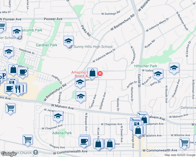 map of restaurants, bars, coffee shops, grocery stores, and more near 1301 West Fern Drive in Fullerton