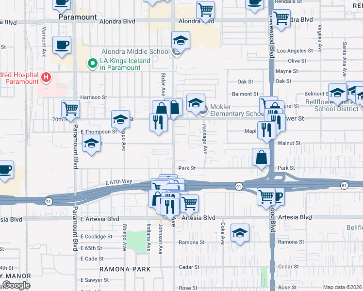map of restaurants, bars, coffee shops, grocery stores, and more near 17000 Downey Avenue in Paramount