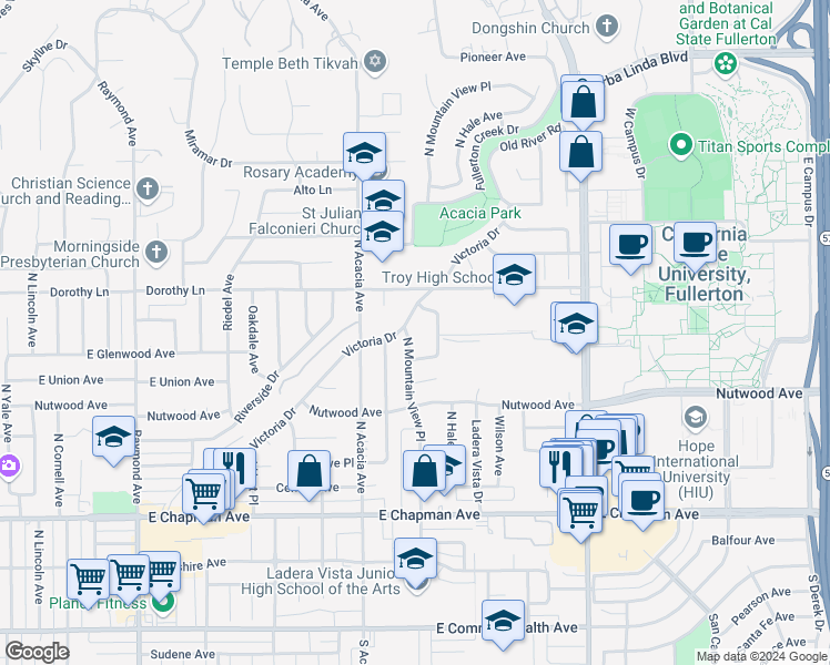 map of restaurants, bars, coffee shops, grocery stores, and more near 1026 North Mountain View Place in Fullerton