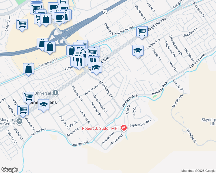 map of restaurants, bars, coffee shops, grocery stores, and more near 13099 Reindeer Court in Riverside