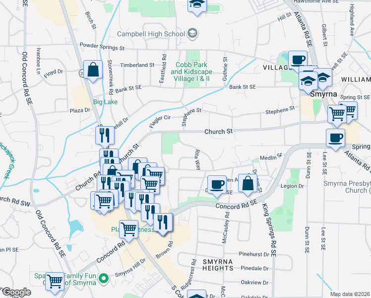map of restaurants, bars, coffee shops, grocery stores, and more near 3011 Clifton Road in Smyrna