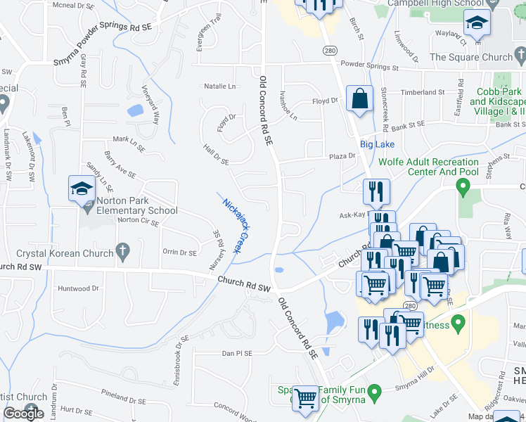 map of restaurants, bars, coffee shops, grocery stores, and more near 1390 Poplar Pointe in Smyrna