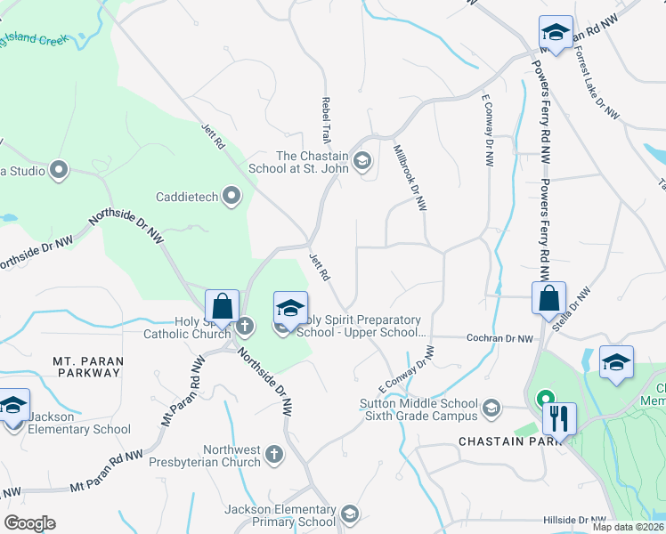 map of restaurants, bars, coffee shops, grocery stores, and more near 4575 Jett Road in Atlanta