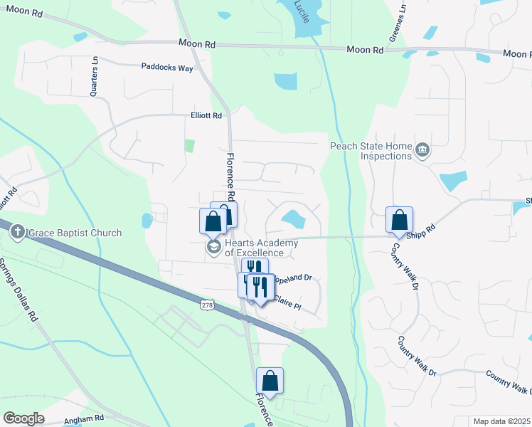 map of restaurants, bars, coffee shops, grocery stores, and more near 4868 Country Cove Way in Powder Springs