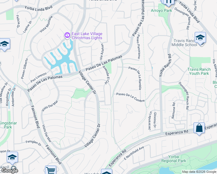 map of restaurants, bars, coffee shops, grocery stores, and more near 5435 Via Cervantes in Yorba Linda