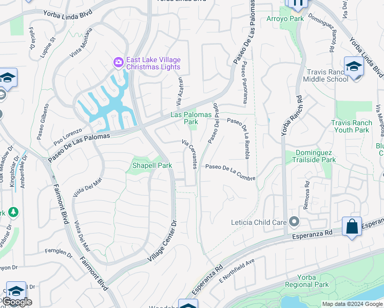 map of restaurants, bars, coffee shops, grocery stores, and more near 5435 Via Cervantes in Yorba Linda