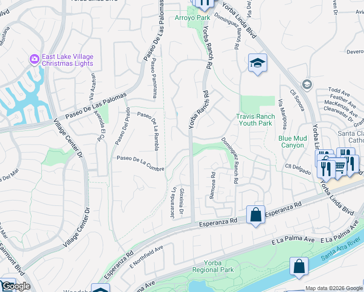 map of restaurants, bars, coffee shops, grocery stores, and more near 5665 Trailside Drive in Yorba Linda